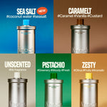Six cans of MELT IN BODY TONER in various colors represent the scents Sea Salt, Caramelt, Unscented, Pistachio, and Zesty. Each can is labeled with its scent notes and relevant hashtags, while the background color complements each scent’s theme. The toner absorbs instantly for a smooth finish and offers a long-lasting fragrance that lingers all day.