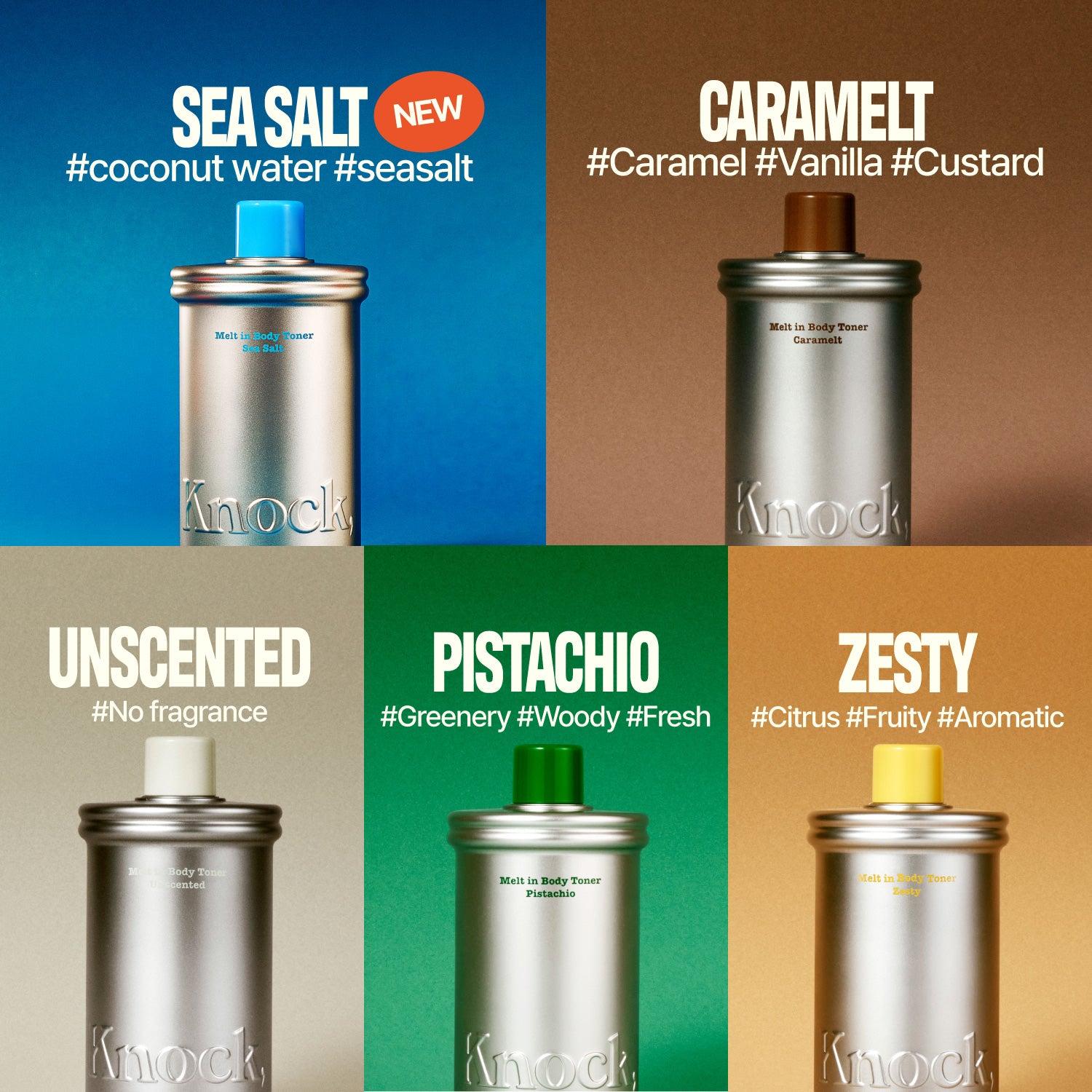 Six cans of MELT IN BODY TONER in various colors represent the scents Sea Salt, Caramelt, Unscented, Pistachio, and Zesty. Each can is labeled with its scent notes and relevant hashtags, while the background color complements each scent’s theme. The toner absorbs instantly for a smooth finish and offers a long-lasting fragrance that lingers all day.