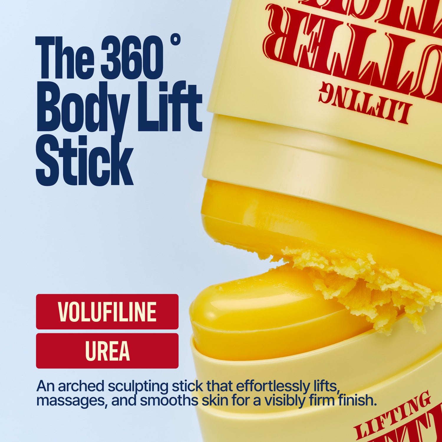 A yellow sculpting stick with text promoting the LIFTING BUTTER STICK SEOUL VANILLA, featuring Volufiline and Urea for lifting, massaging, and smoothing skin to achieve a visibly firm finish. This sculpting stick not only lifts skin but also helps you achieve that coveted firm look.