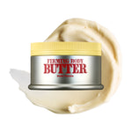 A jar of FIRMING BODY BUTTER SEOUL VANILLA with a yellow lid rests atop a swirl of creamy body butter against a white background, offering firming care and deep hydration for irresistibly smooth skin.