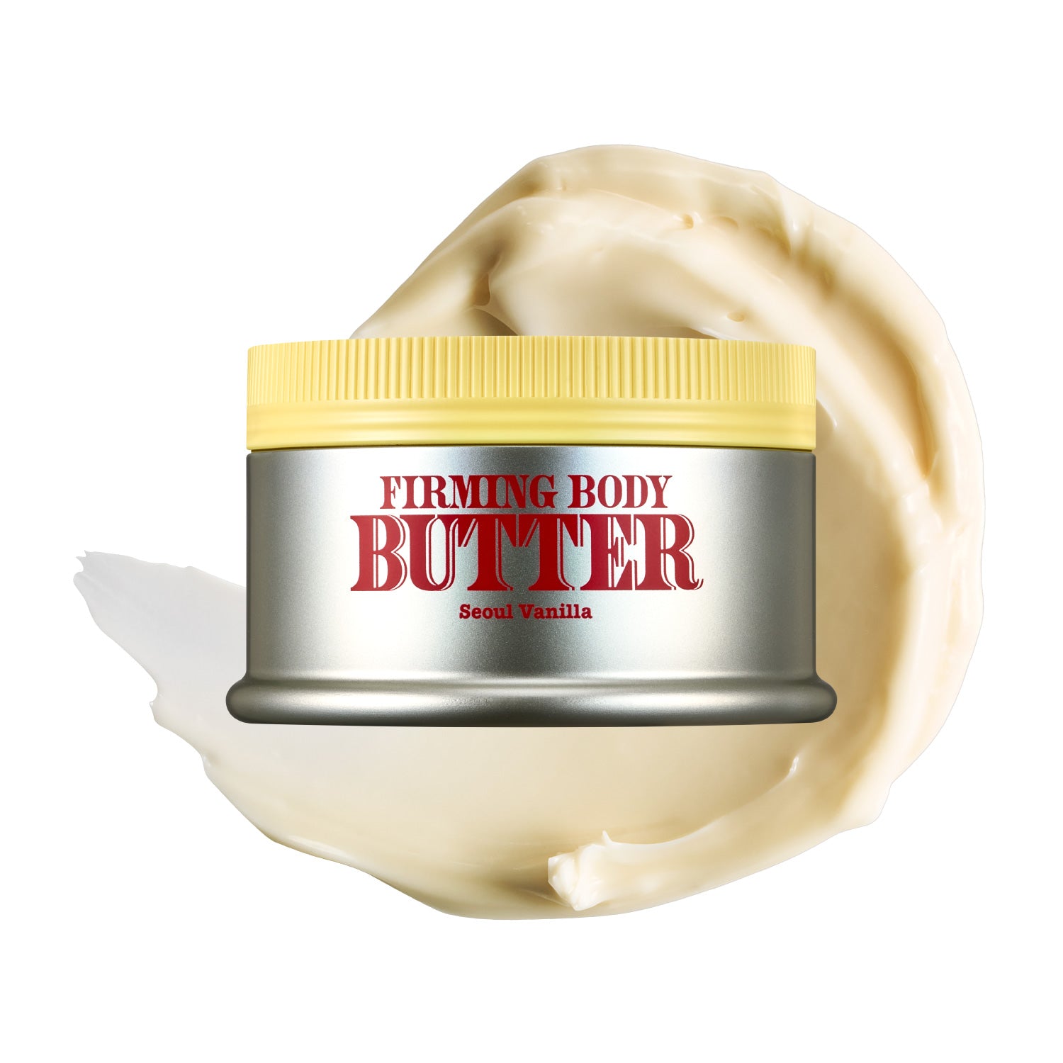 A jar of FIRMING BODY BUTTER SEOUL VANILLA with a yellow lid rests atop a swirl of creamy body butter against a white background, offering firming care and deep hydration for irresistibly smooth skin.