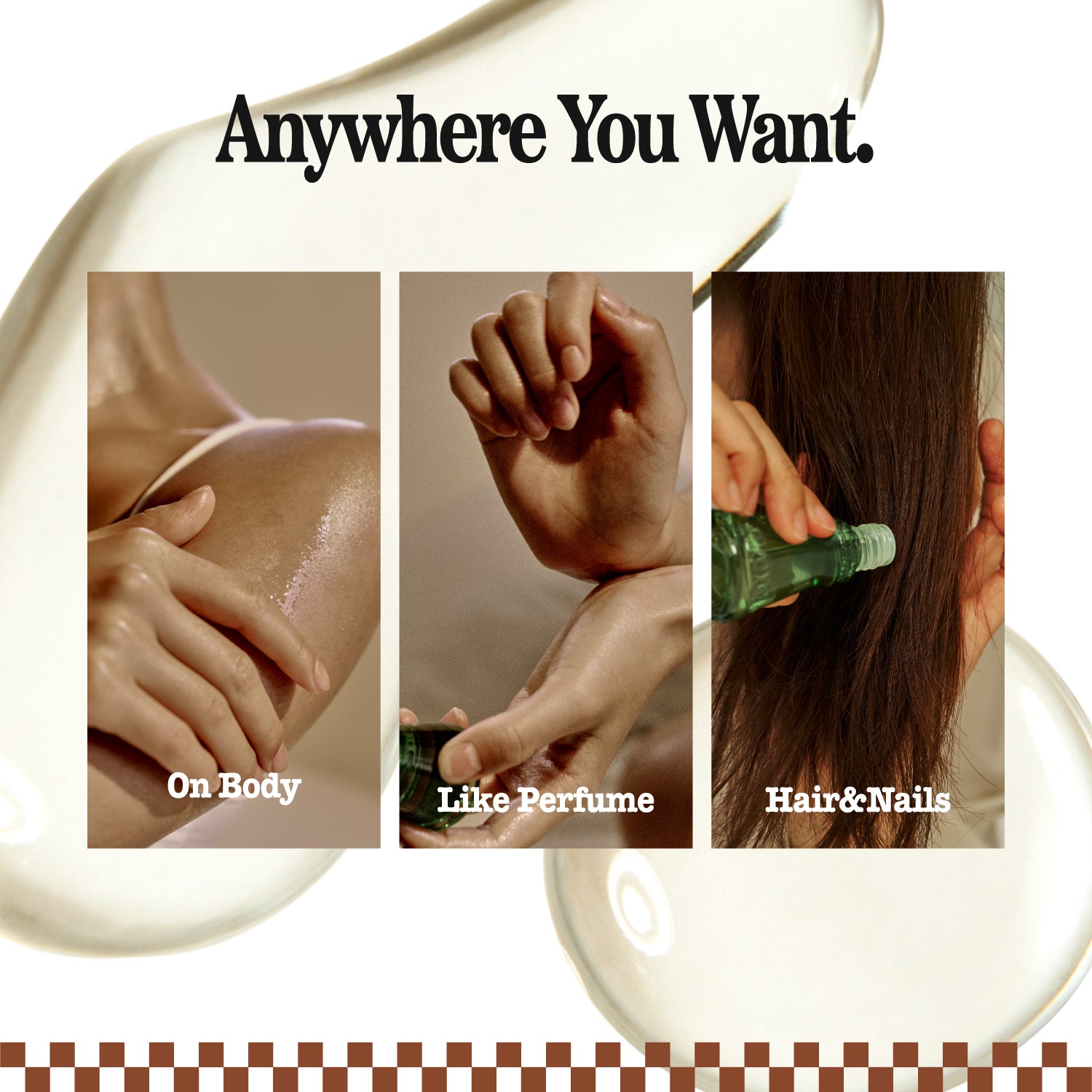 Promotional graphic for a travel-size body spray bottle with the text 'Anywhere You Want.' Three inset photos demonstrate use: on skin labeled 'On Body,' like perfume labeled 'Like Perfume,' and on hair labeled 'Hair&Nails.