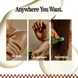 Promotional graphic for a travel-size body spray bottle with the text 'Anywhere You Want.' Three inset photos demonstrate use: on skin labeled 'On Body,' like perfume labeled 'Like Perfume,' and on hair labeled 'Hair&Nails.