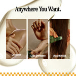 Promotional graphic for a travel perfume bottle with the text 'Anywhere You Want.' and three demonstration panels labeled 'On Body,' 'Like Perfume,' and 'Hair & Nails.