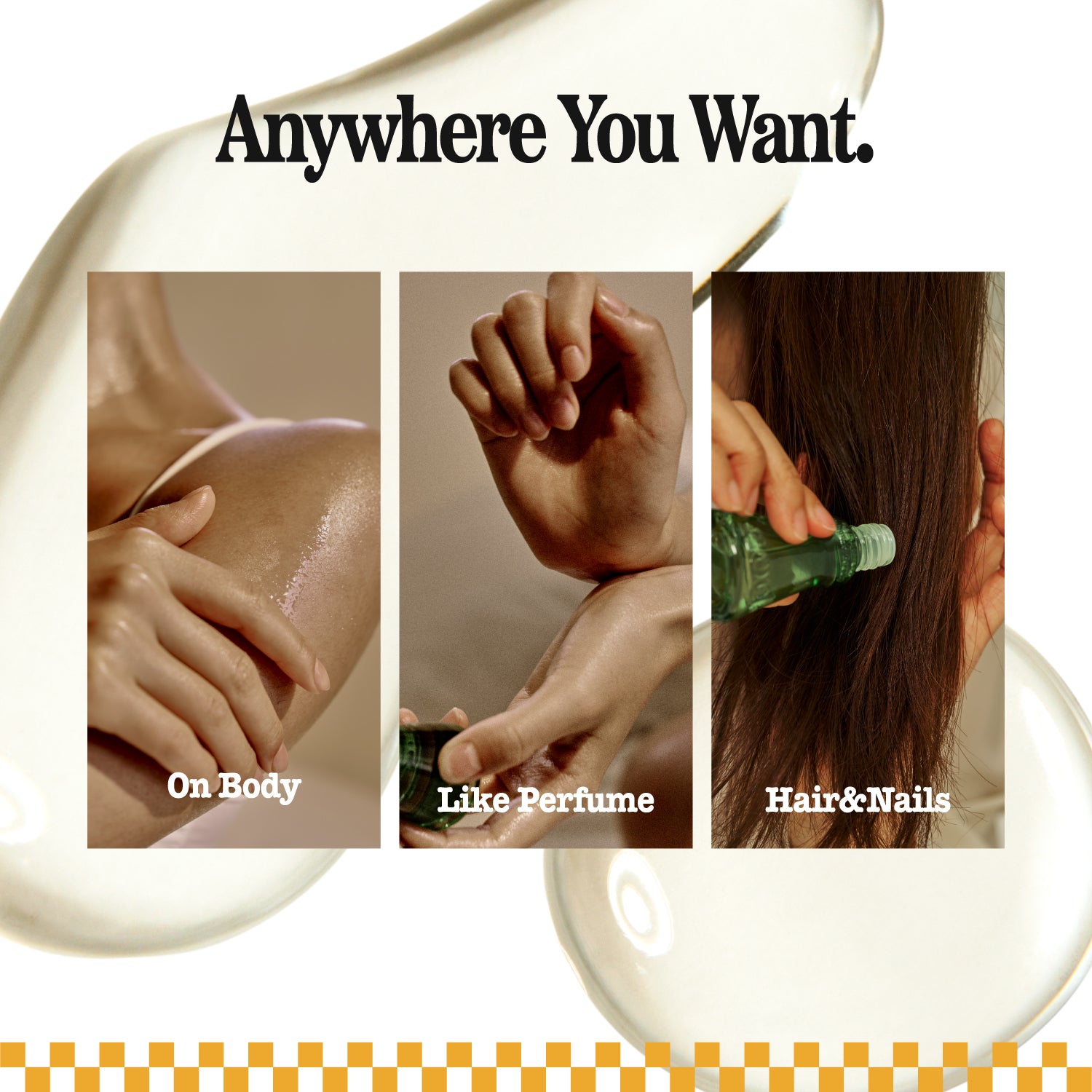 Promotional graphic for a travel perfume bottle with the text 'Anywhere You Want.' and three demonstration panels labeled 'On Body,' 'Like Perfume,' and 'Hair & Nails.