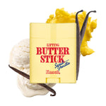 A yellow sculpting stick labeled LIFTING BUTTER STICK SEOUL VANILLA is surrounded by vanilla pods, a scoop of vanilla ice cream, and a dollop of yellow cream. This innovative stick lifts and firms the skin with every swipe for a sculpted finish.