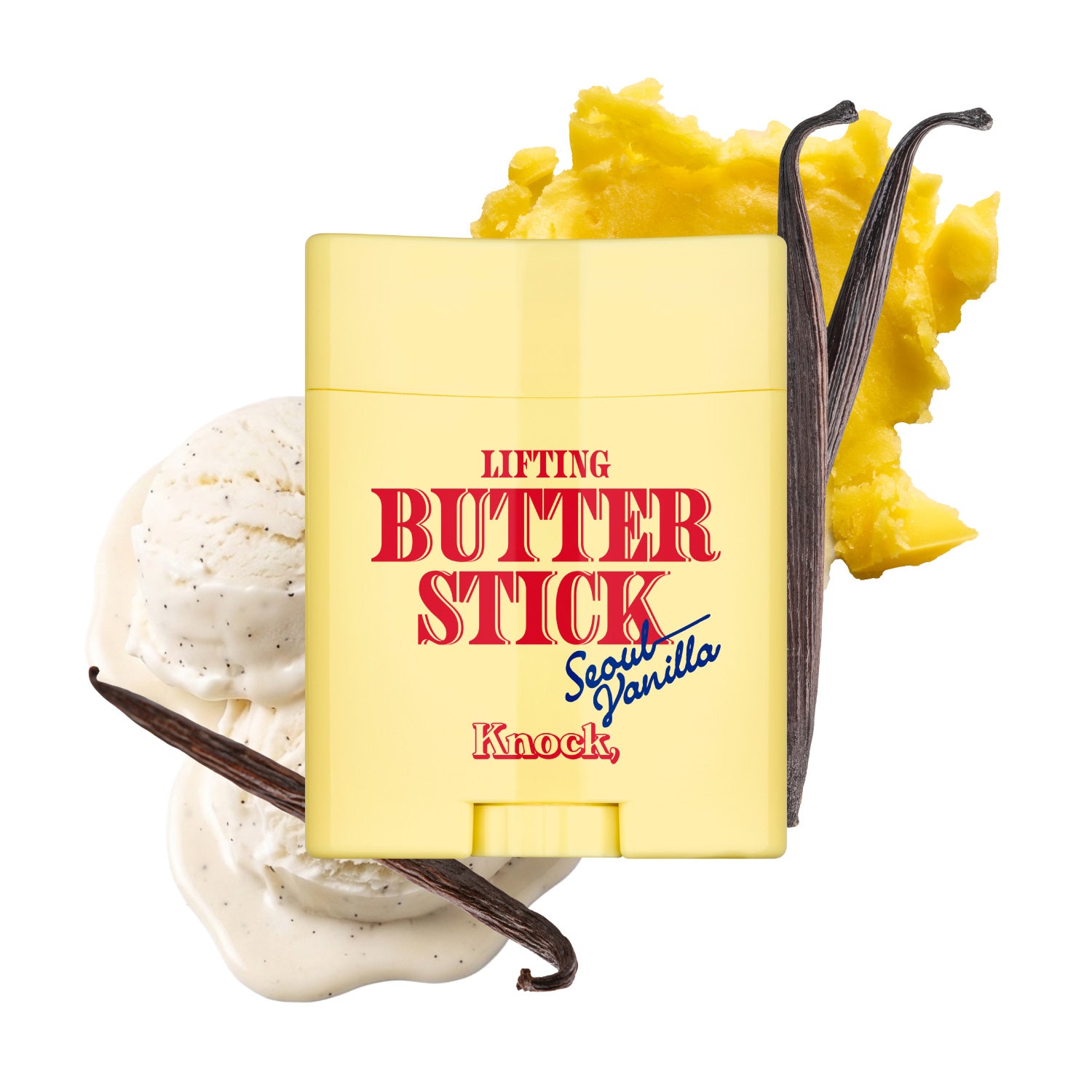 A yellow sculpting stick labeled LIFTING BUTTER STICK SEOUL VANILLA is surrounded by vanilla pods, a scoop of vanilla ice cream, and a dollop of yellow cream. This innovative stick lifts and firms the skin with every swipe for a sculpted finish.