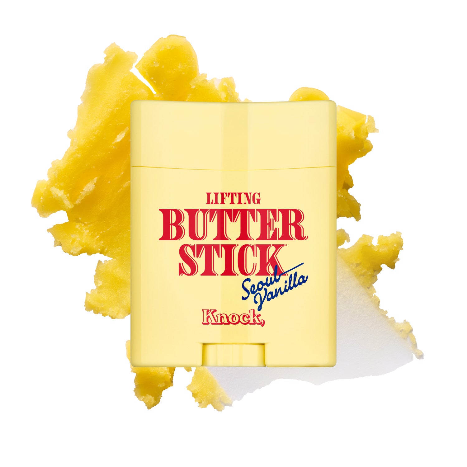 A yellow container labeled LIFTING BUTTER STICK SEOUL VANILLA sits in front of a smear of yellow butter on a white background. This sculpting stick delivers a firm finish and lifts skin for a smooth, radiant look.