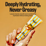 A hand holding a tube of SOFTY HAND CREAM CARAMELT with lotion on the fingers. Text above reads: Deeply Hydrating, Never Greasy. This silky finish hand moisturizer leaves hands smooth and comfortably hydrated without any stickiness.