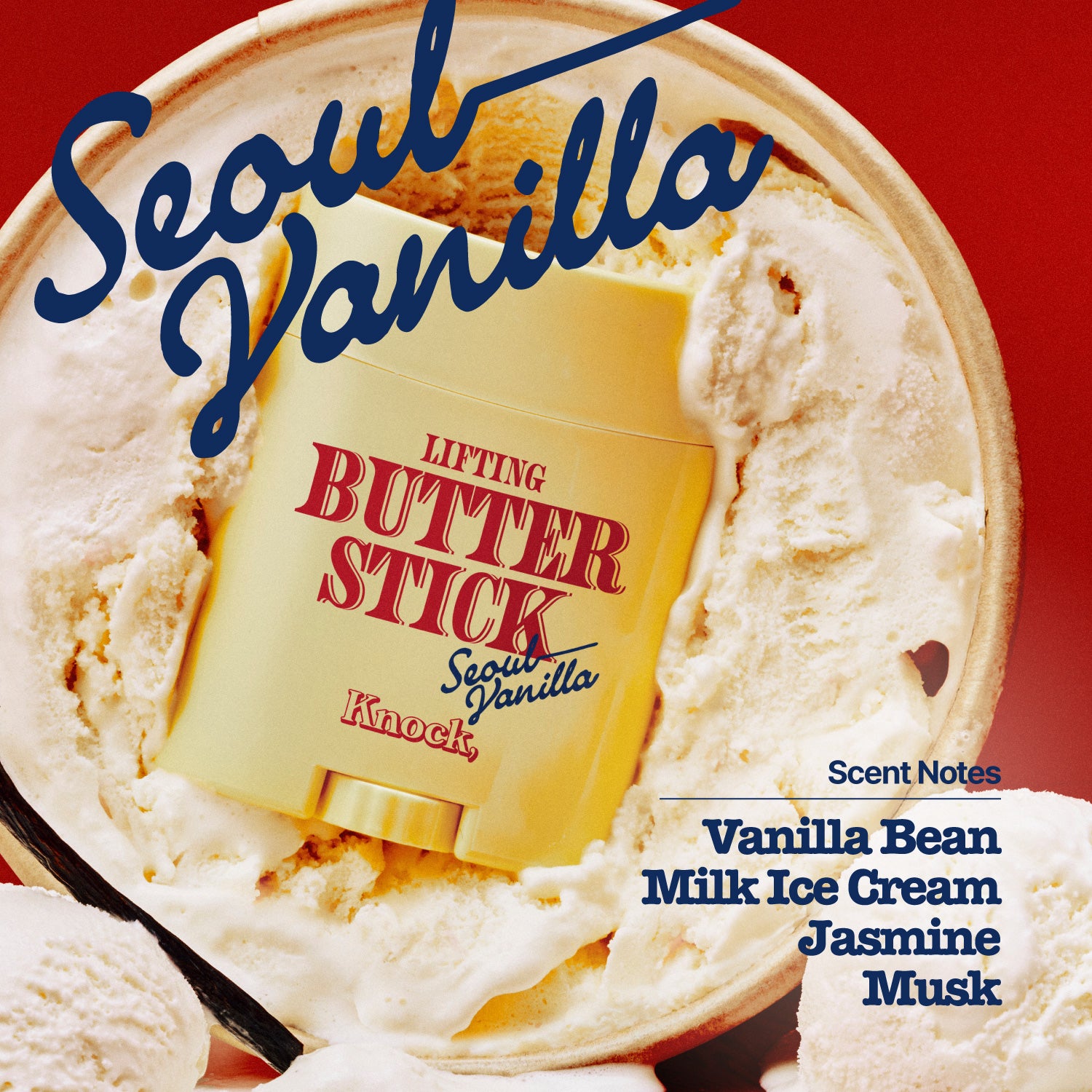 A yellow LIFTING BUTTER STICK SEOUL VANILLA sits atop a tub of vanilla ice cream, presenting a sculpting stick with a firm finish. Text reads Scent Notes: Vanilla Bean, Milk Ice Cream, Jasmine, Musk.