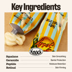 Two yellow tubes of SOFTY HAND CREAM CARAMELT rest on a surface, with one partially dispensed. The text highlights key ingredients—Squalane, Ceramide, Peptide, and Retinal—providing benefits like skin smoothing, barrier protection, moisture retention, and firming. This serum-in-cream formula leaves a silky finish while acting as a deeply nourishing hand moisturizer.