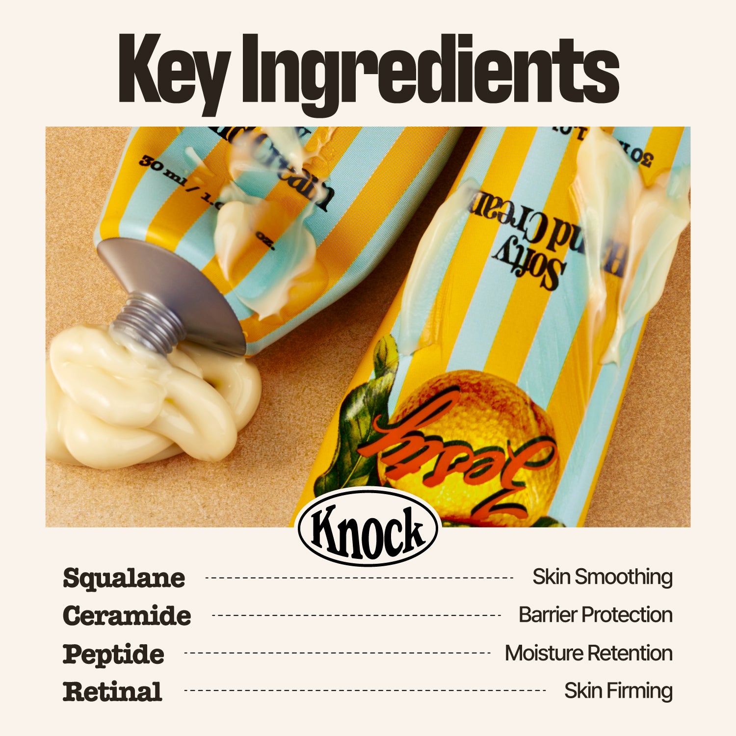 Two yellow tubes of SOFTY HAND CREAM CARAMELT rest on a surface, with one partially dispensed. The text highlights key ingredients—Squalane, Ceramide, Peptide, and Retinal—providing benefits like skin smoothing, barrier protection, moisture retention, and firming. This serum-in-cream formula leaves a silky finish while acting as a deeply nourishing hand moisturizer.