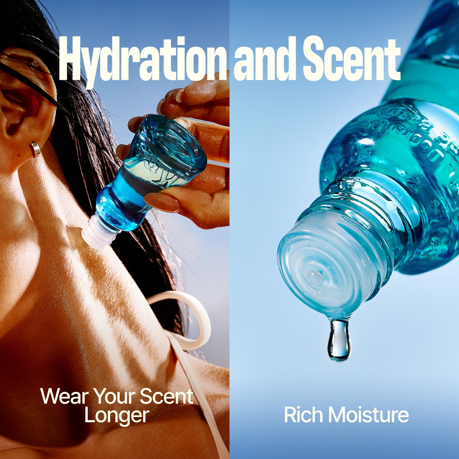 Split promotional graphic for a blue transparent spray bottle labeled 'Hydration and Scent.' The left half shows part of a woman's neck and shoulder with the bottle being sprayed, with text reading 'Wear Your Scent Longer.
