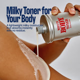 This image explain that the body toner's benefit. This toner is milky toner for all type body.