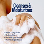 A person washes their shoulder with foamy soap. Blue text reads, Cleanses & Moisturizes. Below, a checklist highlights rich foam, softens skin, nourishing moisture, and dermatologist tested—showcasing the benefits of WHIPPING MILK WASH SEOUL VANILLA and its gentle, hydrating formula.