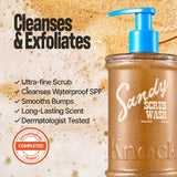 A bottle of SANDY SCRUB WASH with a blue pump is displayed. Text highlights its gentle coconut scrub exfoliation, promises smoother, bump-free skin, long-lasting fragrance, dermatologist-tested formula, and additional benefits. The background features the scrub’s texture and a dermatologist-approved badge, emphasizing the high quality of this nourishing body wash.