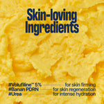 Yellow textured background with bold text: Skin-loving Ingredients. Below, hashtagged ingredients highlight the LIFTING BUTTER STICK SEOUL VANILLA: #Volufiline 5% for skin firming and a lifted look, #Banan PDRN for regeneration, and #Urea for intense hydration—all working in synergy to create a visibly firm finish.