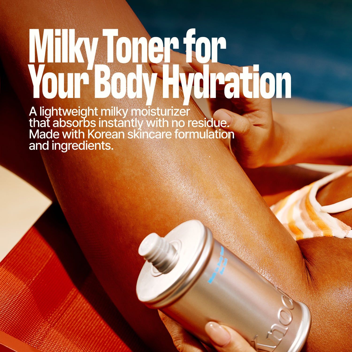 While sitting on a red lounge chair, a person applies MELT IN BODY TONER from its sleek silver bottle to their leg. The description emphasizes the toner’s lightweight, hydrating, and residue-free formula inspired by Korean skincare, noting how it absorbs instantly to provide lasting comfort.