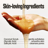 A hand holds and pours the golden, granular SANDY SCRUB WASH, featuring text that highlights coconut scrub, glycolic acid, and salicylic acid as ingredients that gently exfoliate, smooth skin, and cleanse pores.