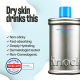A metallic bottle labeled MELT IN BODY TONER with a blue cap. The text highlights the benefits of this moisturizing body toner for dry skin: non-sticky, absorbs instantly, hydrating, dermatologist tested, and non-comedogenic. Features the Dermatest seal. Experience a long-lasting scent with every use.