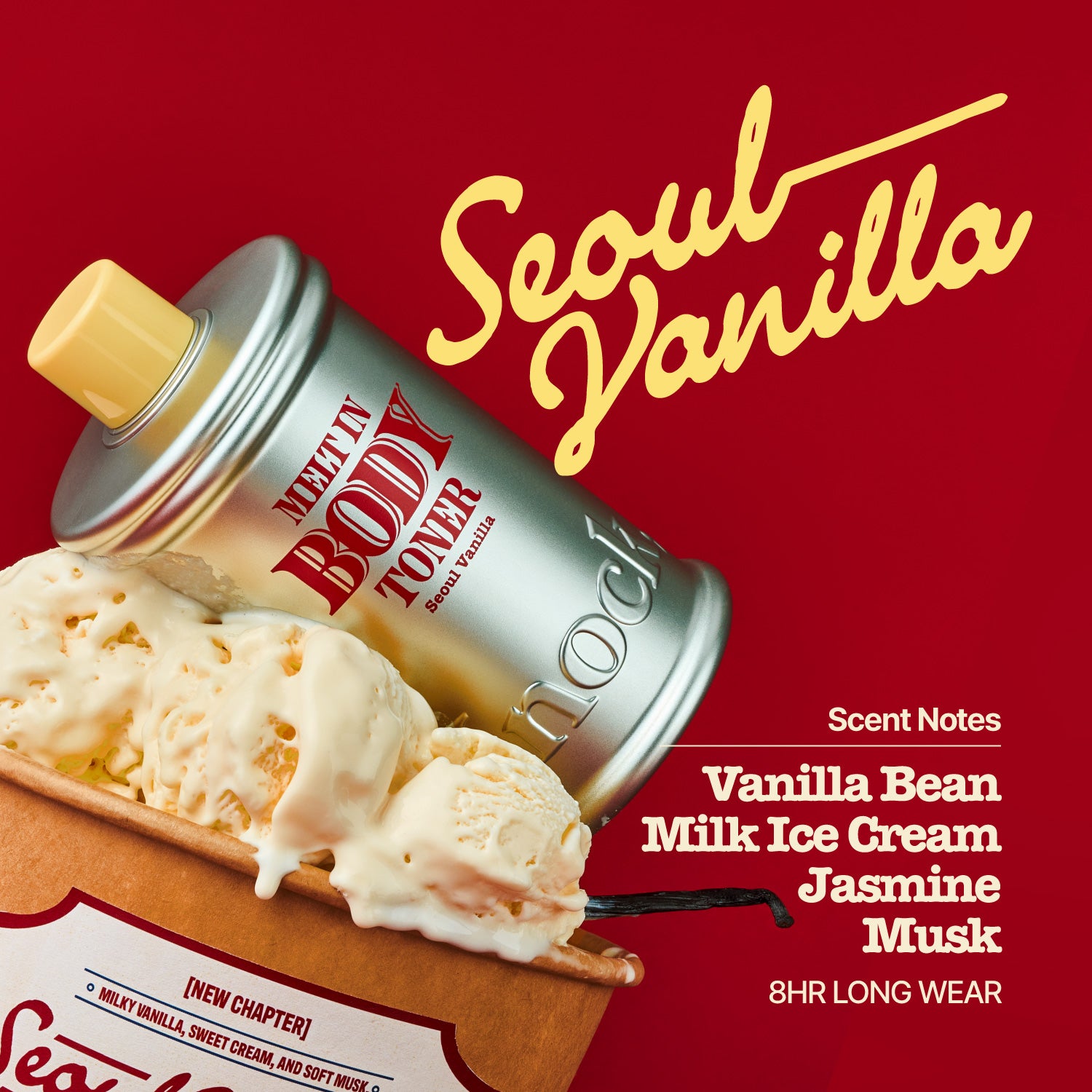 this image shows the scent notes.
Vanilla bean, milk ice cream, jasmine, musk