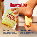 Split image: On left, person applies LIFTING BUTTER STICK SEOUL VANILLA to their neck; on right, to their heel. Text reads: How to Use: To Lift—swipe LIFTING BUTTER STICK SEOUL VANILLA for firmer skin on neck and arms. To Nourish—glide over heels, elbows, or dry areas for a smooth, firm finish.