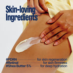 A person applies FIRMING BODY BUTTER SEOUL VANILLA to their thigh, savoring its skin-nourishing ingredients: #PDRN for skin regeneration, #Retinal for enhanced firmness, and #Shea Butter 5% for deep moisture. The rich firming body butter helps create smooth skin as the person wears a yellow garment.