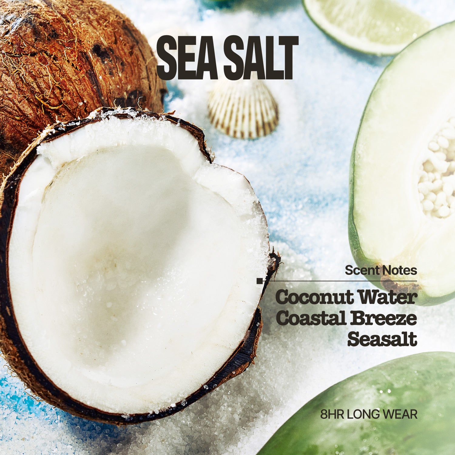 A halved coconut, lime slice, and seashells rest on a sandy surface with text: MELT IN BODY TONER. Scent Notes: Coconut Water, Coastal Breeze, Seasalt. This moisturizing body toner features an instantly absorbing formula and provides a long-lasting fragrance—experience 8HR LONG WEAR.