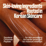 A person applies MELT IN BODY TONER to their leg. Infused with skin-loving ingredients rooted in Korean skincare—Squalane for smoothness, Ceramide for barrier protection, and Peptide for moisture retention—it absorbs instantly to deliver lasting hydration and a lingering scent.