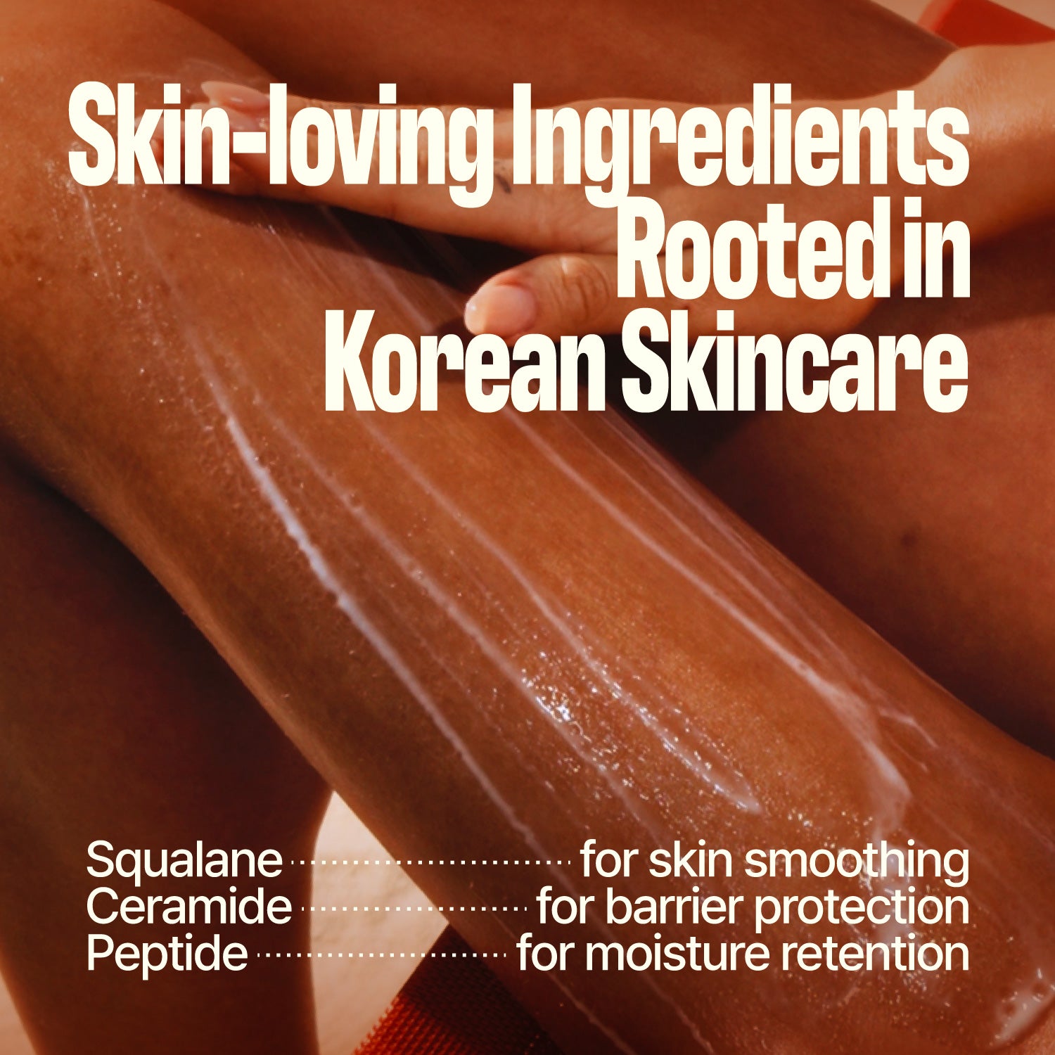 A person applies MELT IN BODY TONER to their leg. Infused with skin-loving ingredients rooted in Korean skincare—Squalane for smoothness, Ceramide for barrier protection, and Peptide for moisture retention—it absorbs instantly to deliver lasting hydration and a lingering scent.