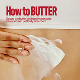 A hand massages FIRMING BODY BUTTER SEOUL VANILLA onto bare skin near the waist, with text above explaining how to apply the firming butter for deep moisture and smoother skin.