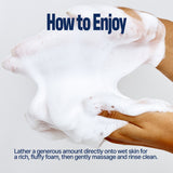 Two hands holding and massaging thick, white foam with text: How to Enjoy. Lather a generous amount of WHIPPING MILK WASH SEOUL VANILLA onto wet skin for a rich, soft foam, then gently massage and rinse clean.